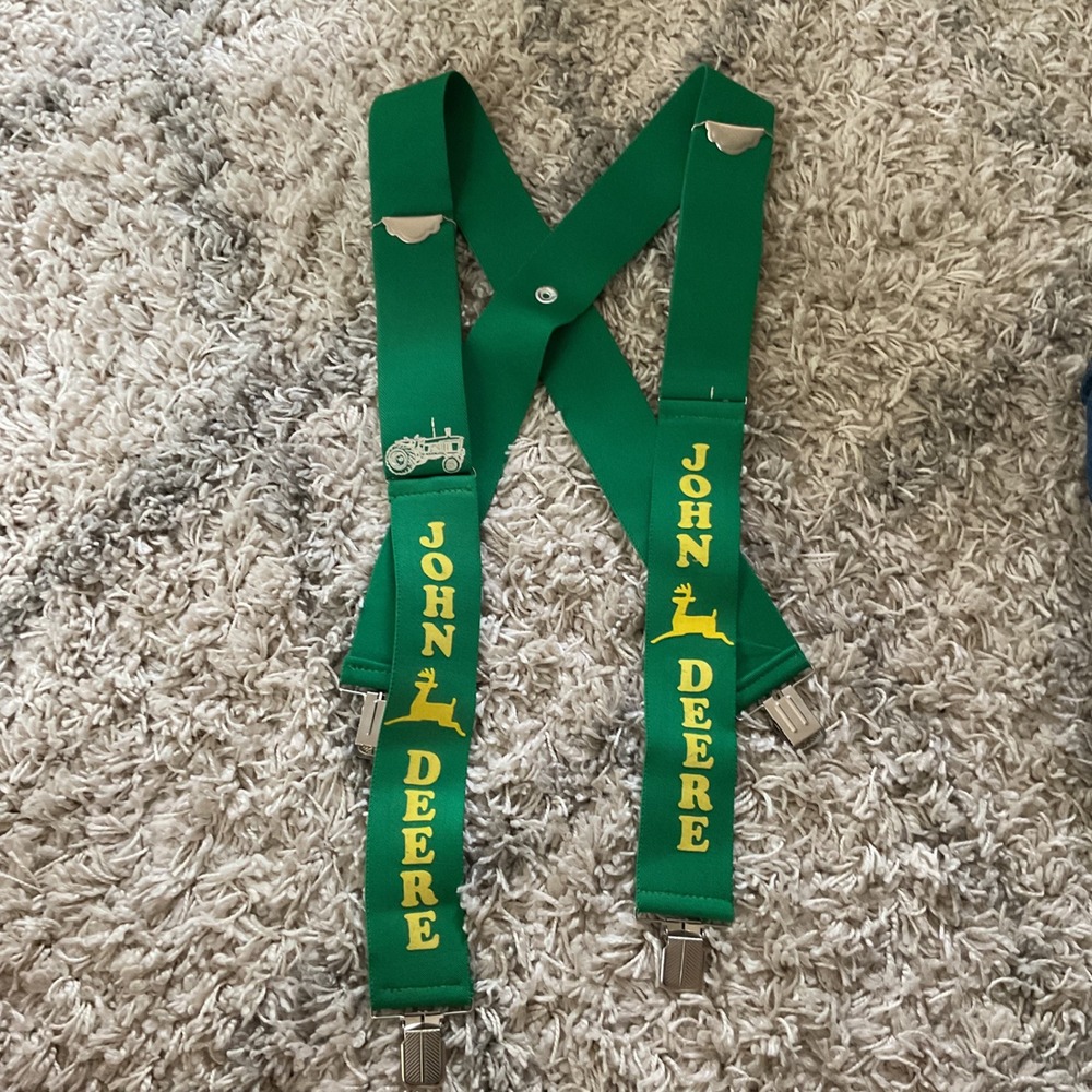 John Deere Mens Suspenders Green Yellow Logo Tractor Clip-On Elastic Adjustable